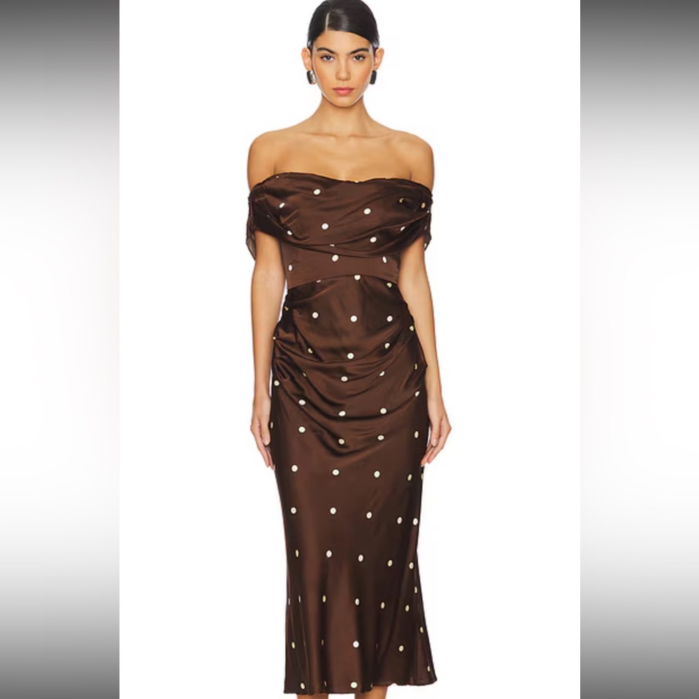 Off-Shoulder Brown Polka Dot Satin Dress